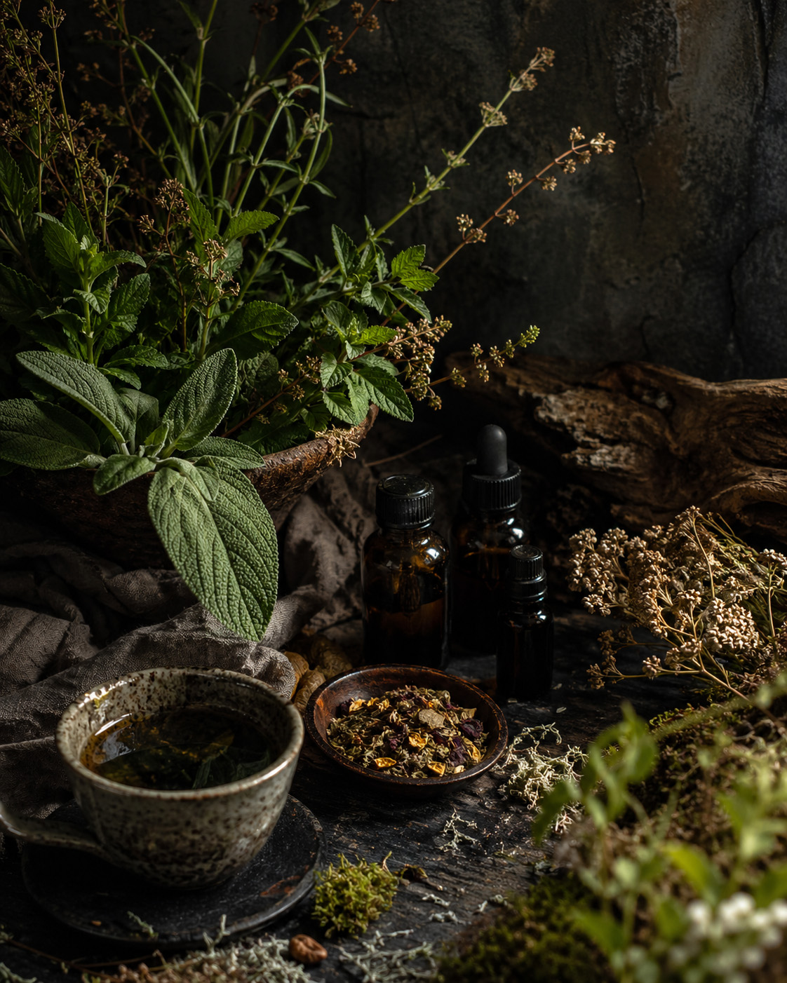 Foraged herbs, tinctures and earth medicines